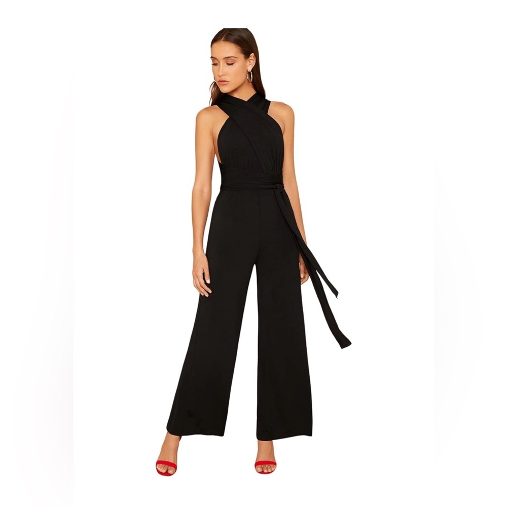 Sweaty rocks Deep V, Sleeveless, Haltar Multiway Convertible Black Jumpsuit